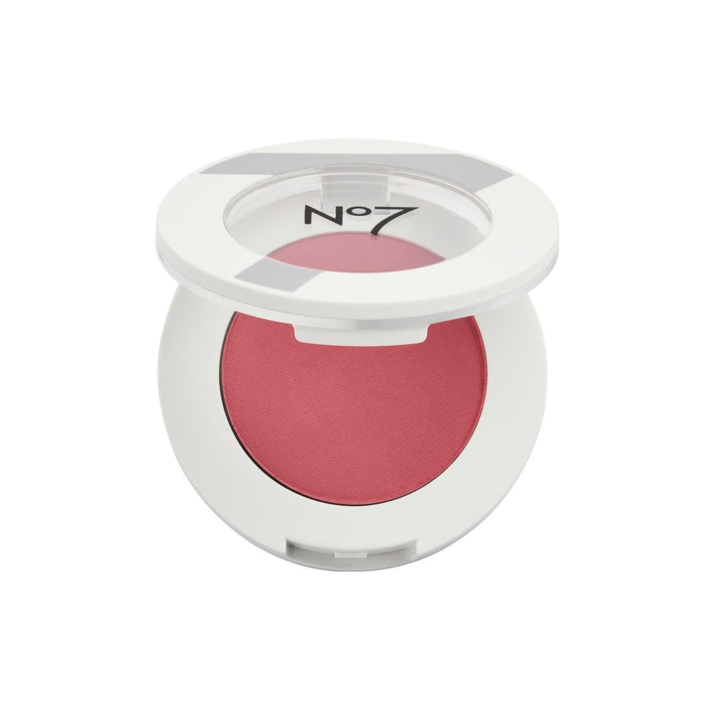 No7 powder blush Damson Mist applied with brush on model's cheek for natural plum flush