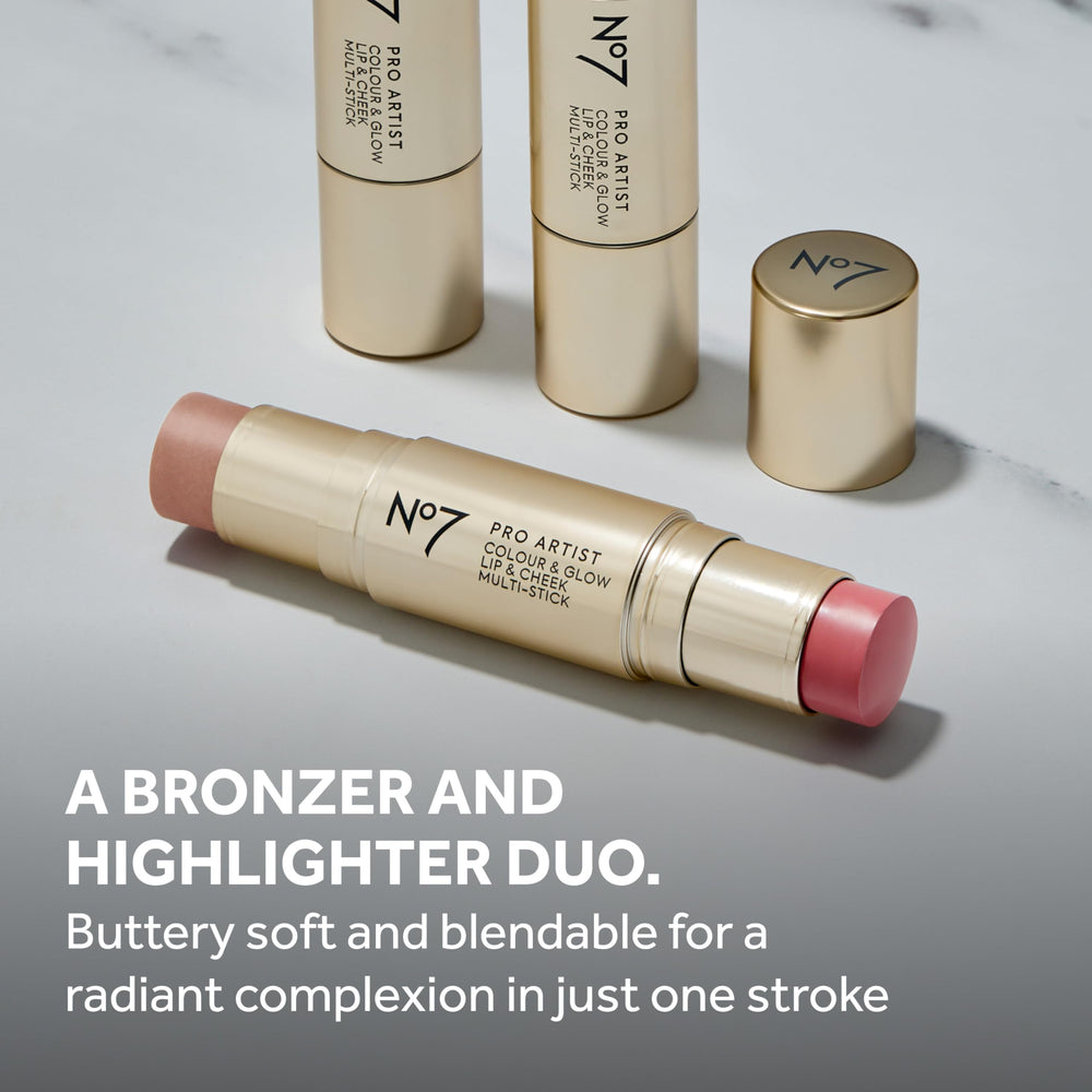 No7 Pro Artist Color & Glow Blush Stick Dual-Ended—color and shimmer finish in one tool.