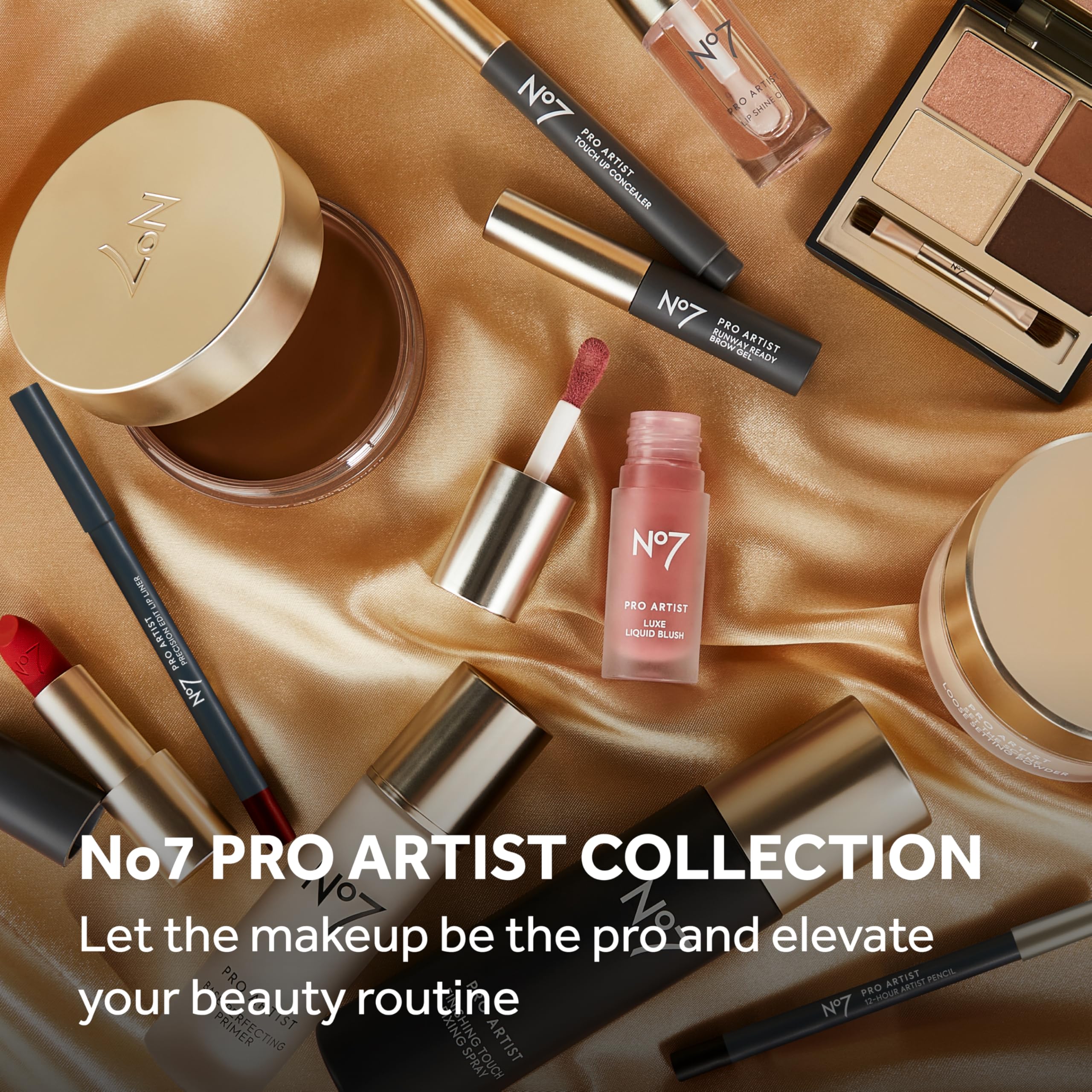 No7 placed beside makeup bag and mirror showing convenience for everyday routines