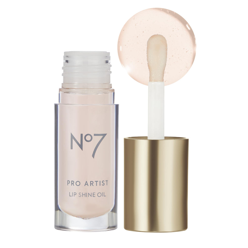 No7 product front shot showing playful peach shade and glossy finish benefit
