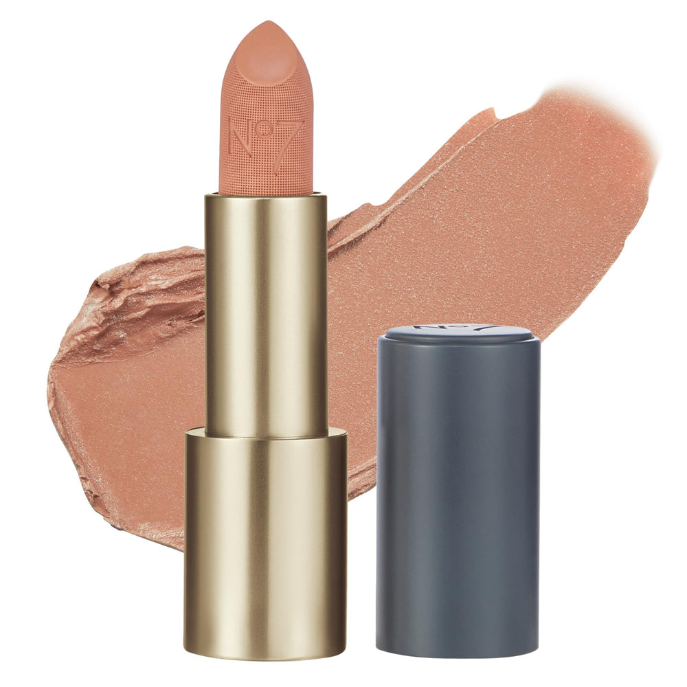 No7 lipstick front view showing sleek tube and modern nude shade benefit: travel-ready