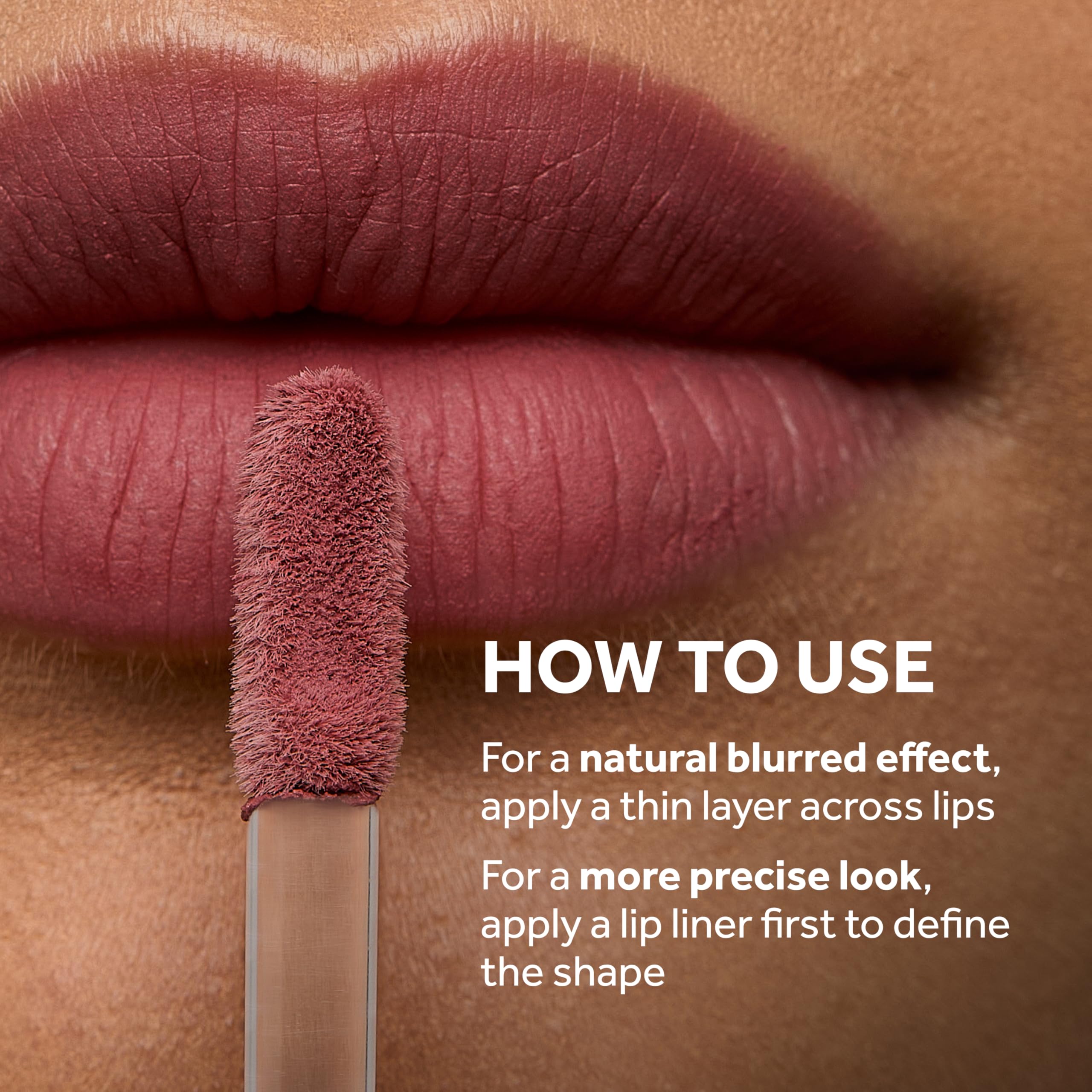 No7 lip close-up worn in rose pink highlighting soft blur, natural finish benefit