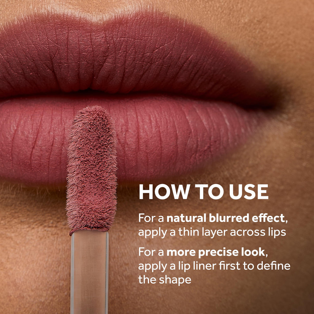 No7 lip close-up worn in rose pink highlighting soft blur, natural finish benefit