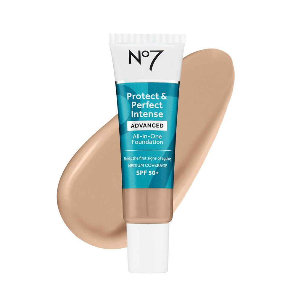 No7 Protect & Perfect foundation bottle close-up with hydrating SPF 50 protection