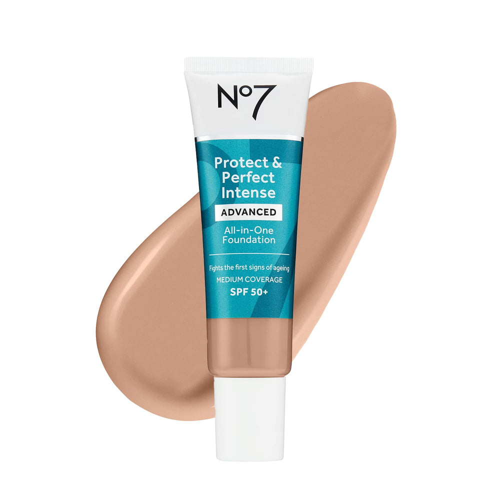 No7 Protect & Perfect Advanced Foundation Cool Beige bottle with pump delivering smooth, even-toned skin.
