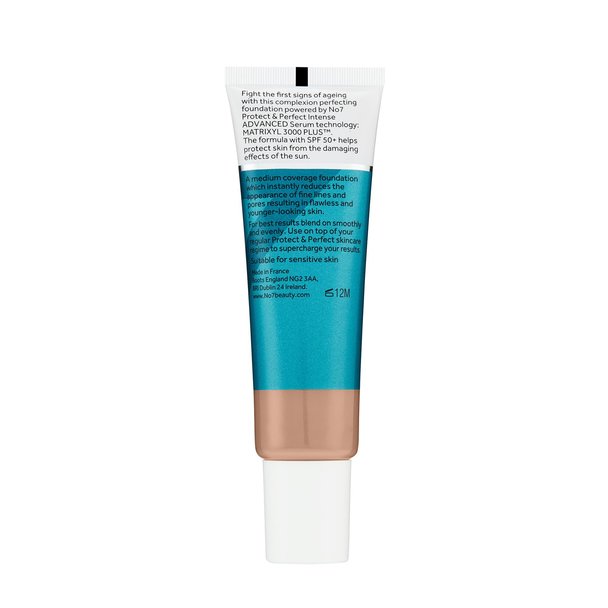 No7 Protect & Perfect Foundation SPF label on packaging hints everyday protection.