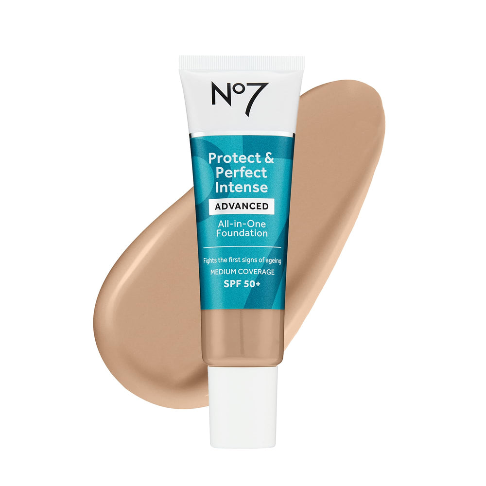 No7 Protect & Perfect Foundation Warm Beige bottle with SPF 50 showing smooth skin tone potential