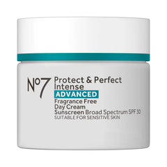 No7 Protect & Perfect fragrance-free day cream bottle closeup with SPF 30 protection
