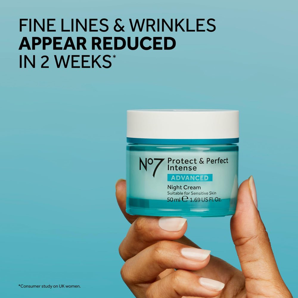 No7 Protect & Perfect hyaluronic serum bottle close-up emphasizes quick-absorbing hydration.
