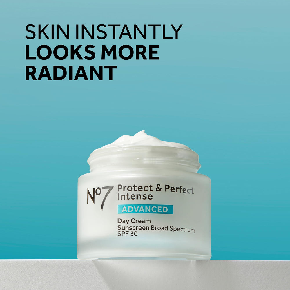 No7 Protect & Perfect SPF 30 daytime cream packaging highlights morning skincare protection.