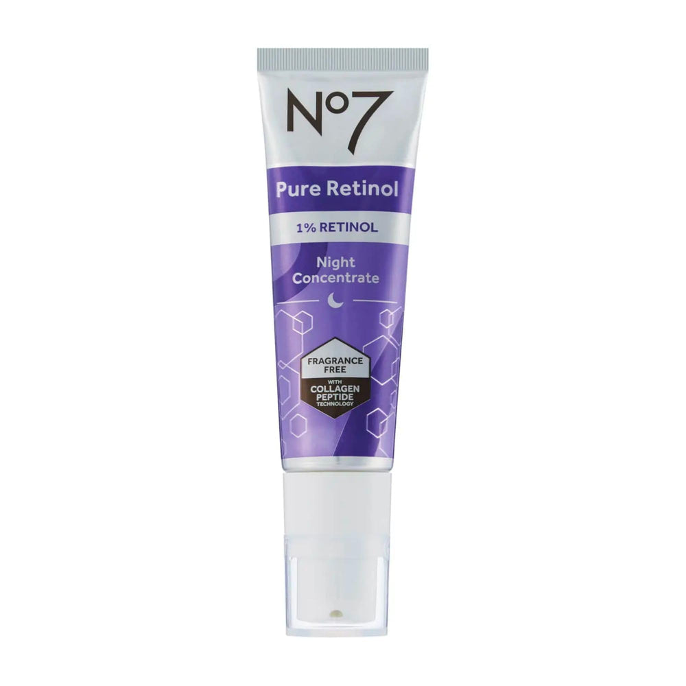 No7 Pure Retinol Night Concentrate bottle close-up for silky nighttime skincare