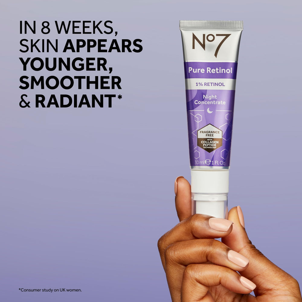 No7 Pure Retinol Night Concentrate being applied at night for smoother look