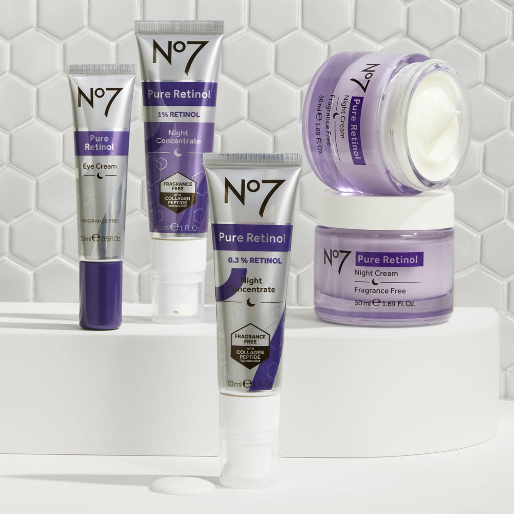 No7 Pure Retinol Night Concentrate on a skincare shelf showing premium branding