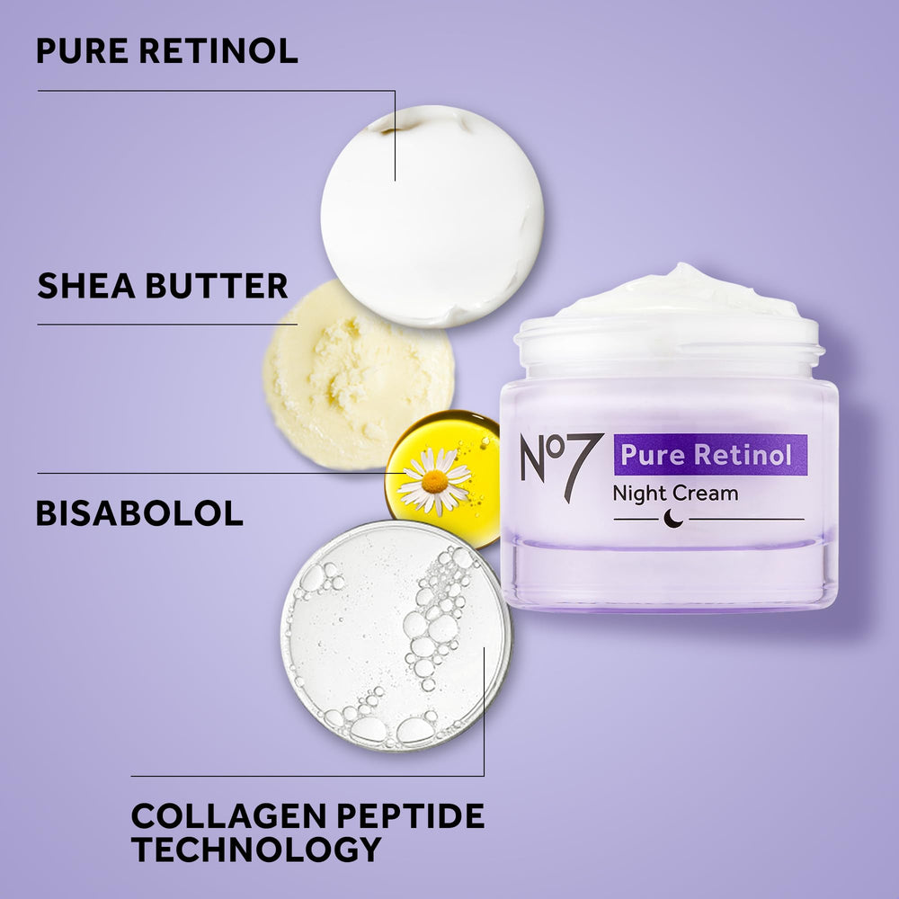 No7 Pure Retinol Night Cream ingredient closeup highlights hyaluronic acid and collagen peptides