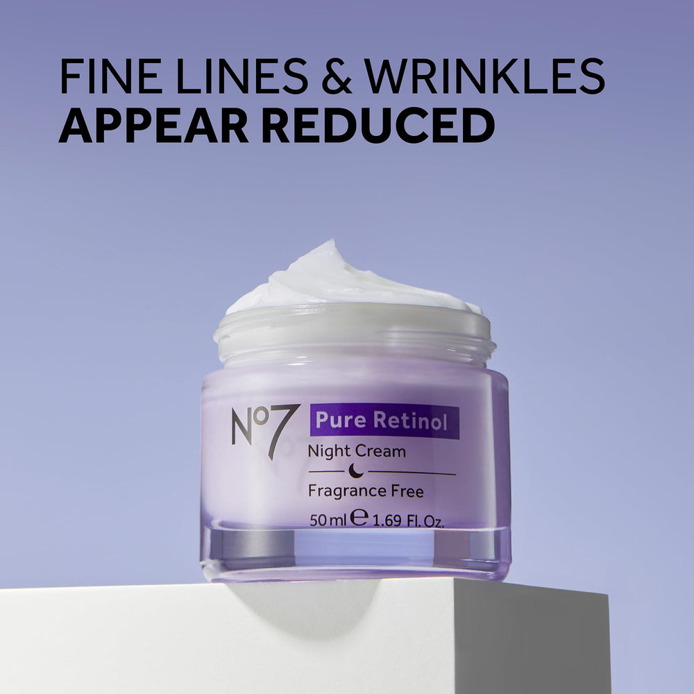 No7 Pure Retinol Night Cream texture swatch shows creamy, non-greasy finish for night routines