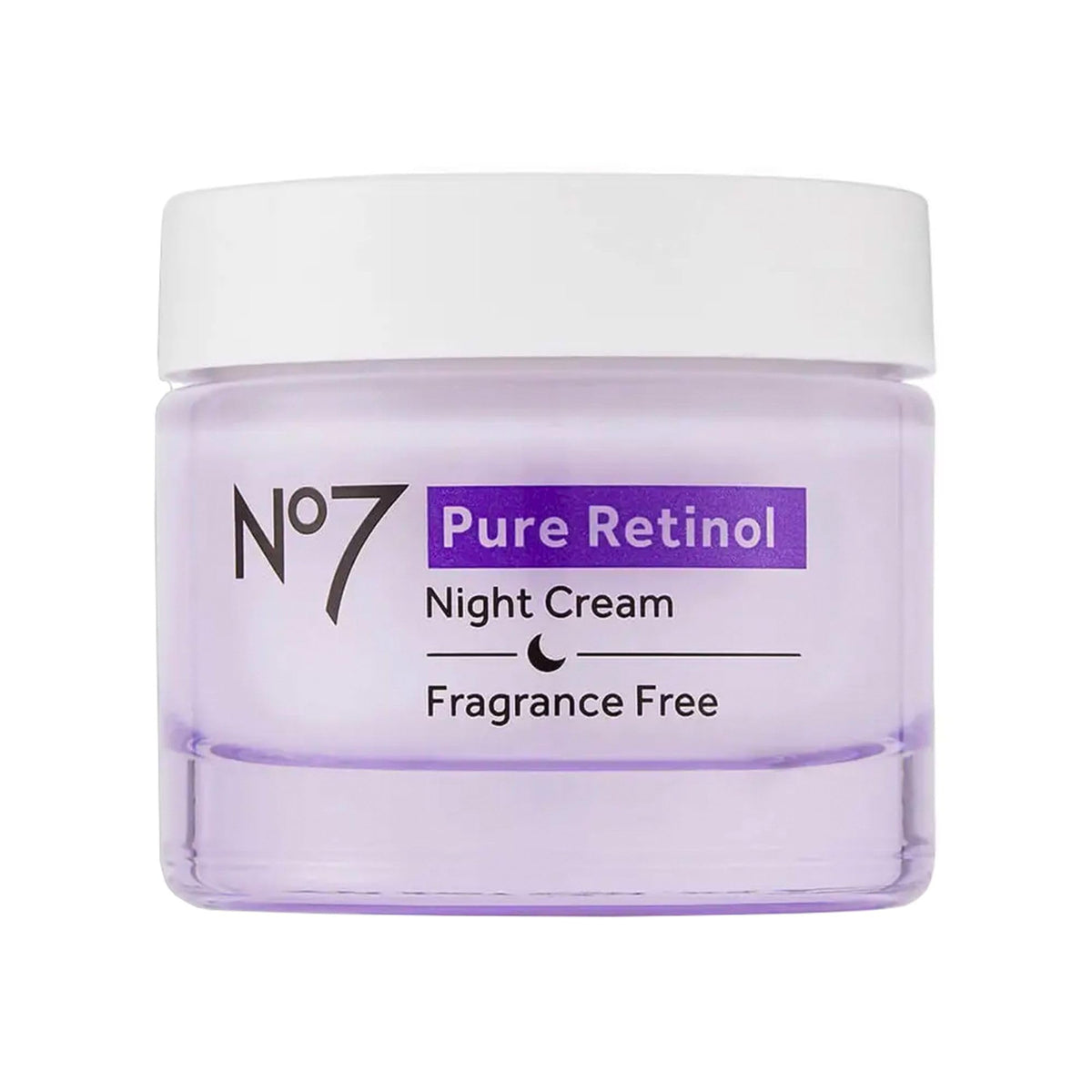 No7 Pure Retinol Night Cream tube closeup emphasizes fragrance-free smoothing hydration