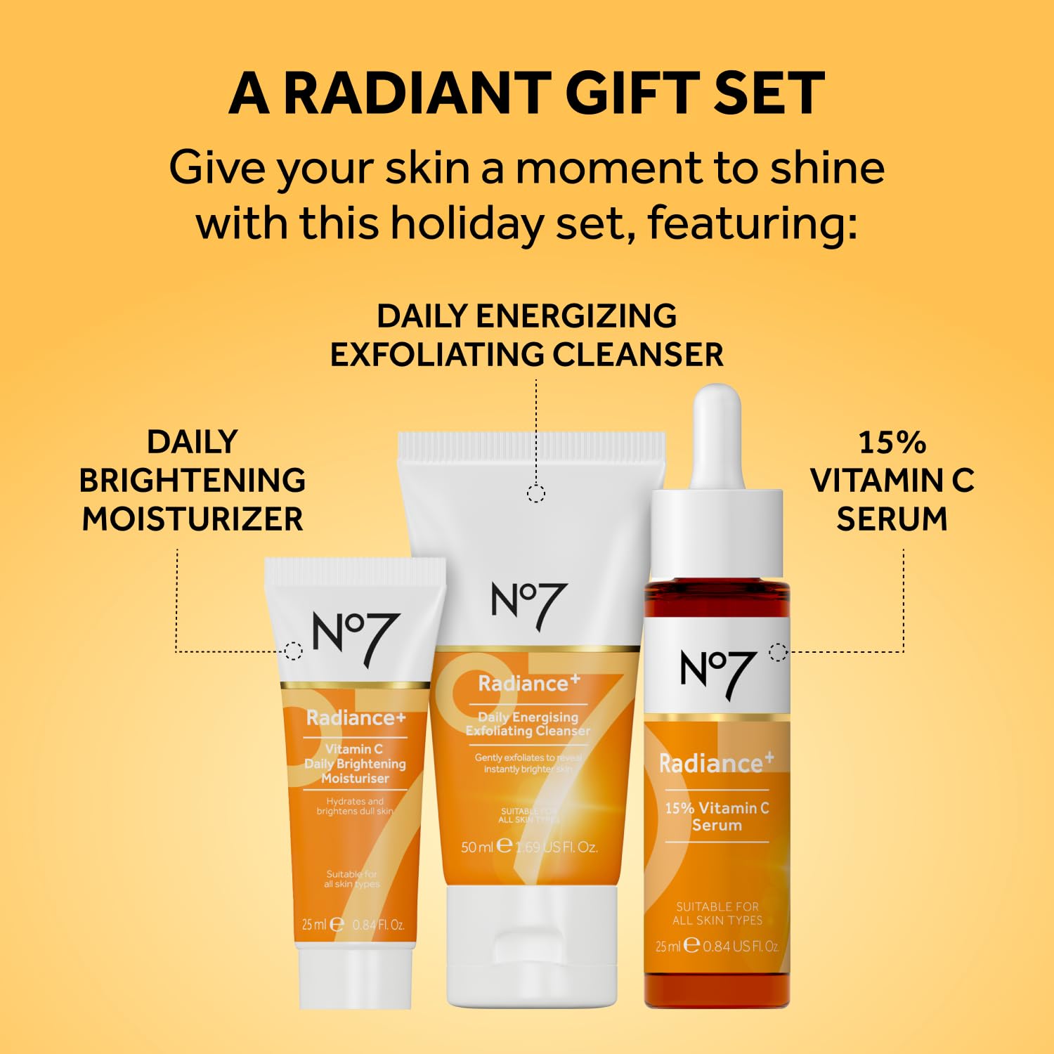 No7 Radiance moisturizer bottle brightening formula enhances daytime glow.
