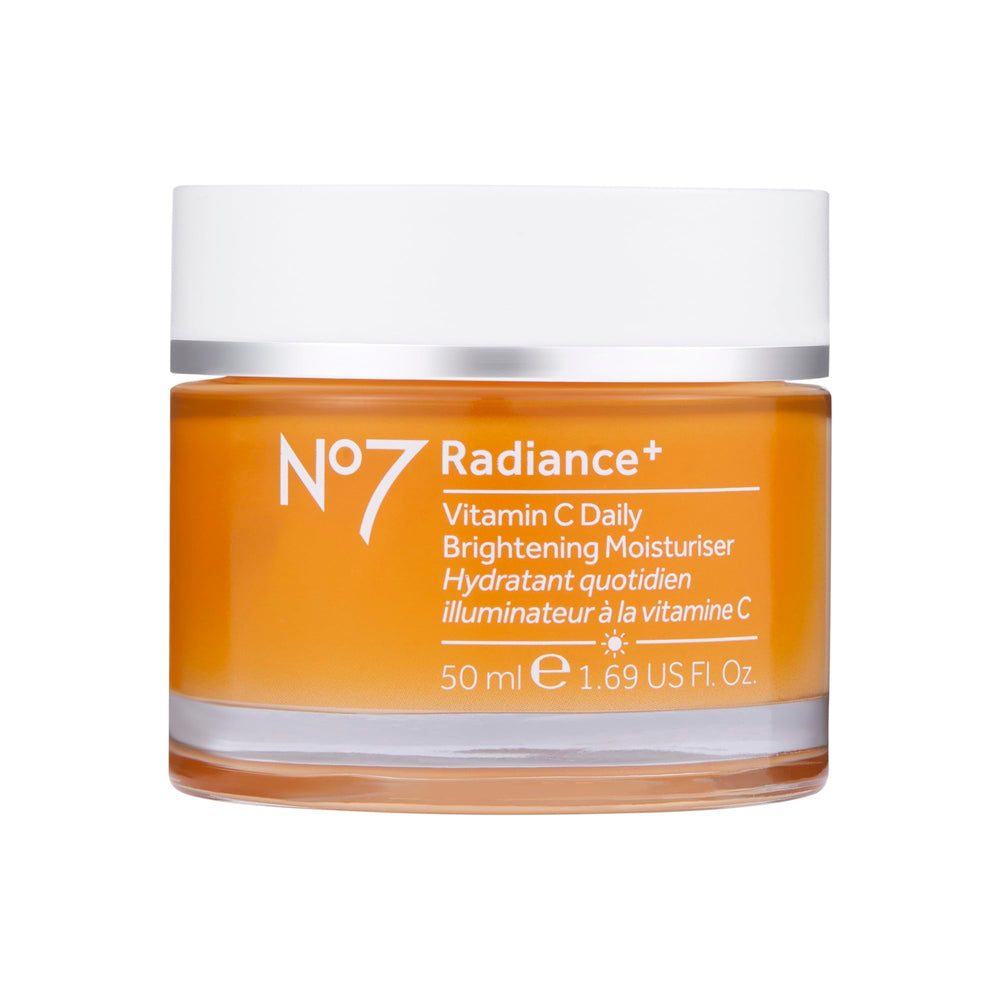No7 Radiance+ Vitamin C cream bottle shows brightening skincare for dry skin.