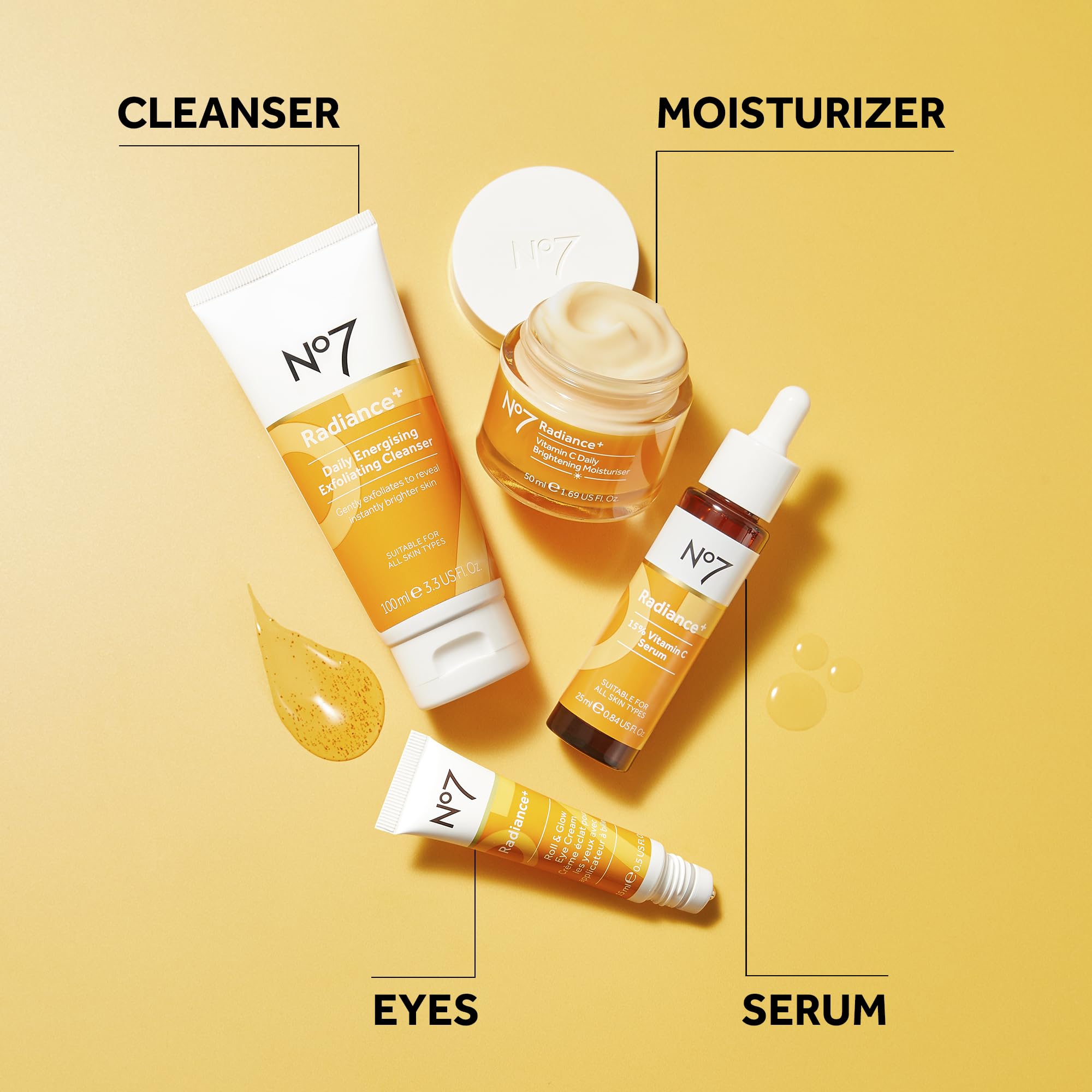No7 Radiance flat lay with product vibe communicates vitamin C brightening benefits.