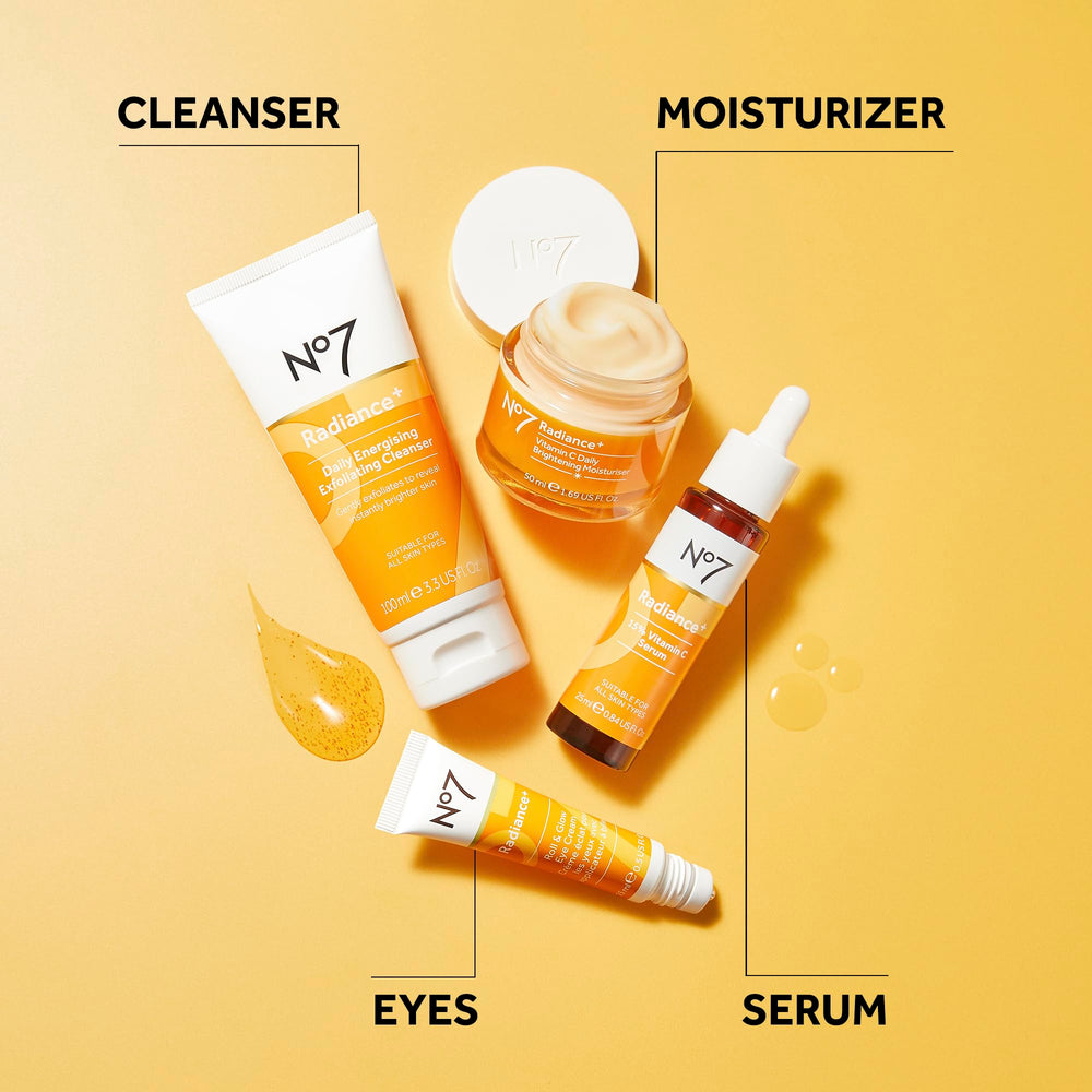 No7 Radiance flat lay with product vibe communicates vitamin C brightening benefits.