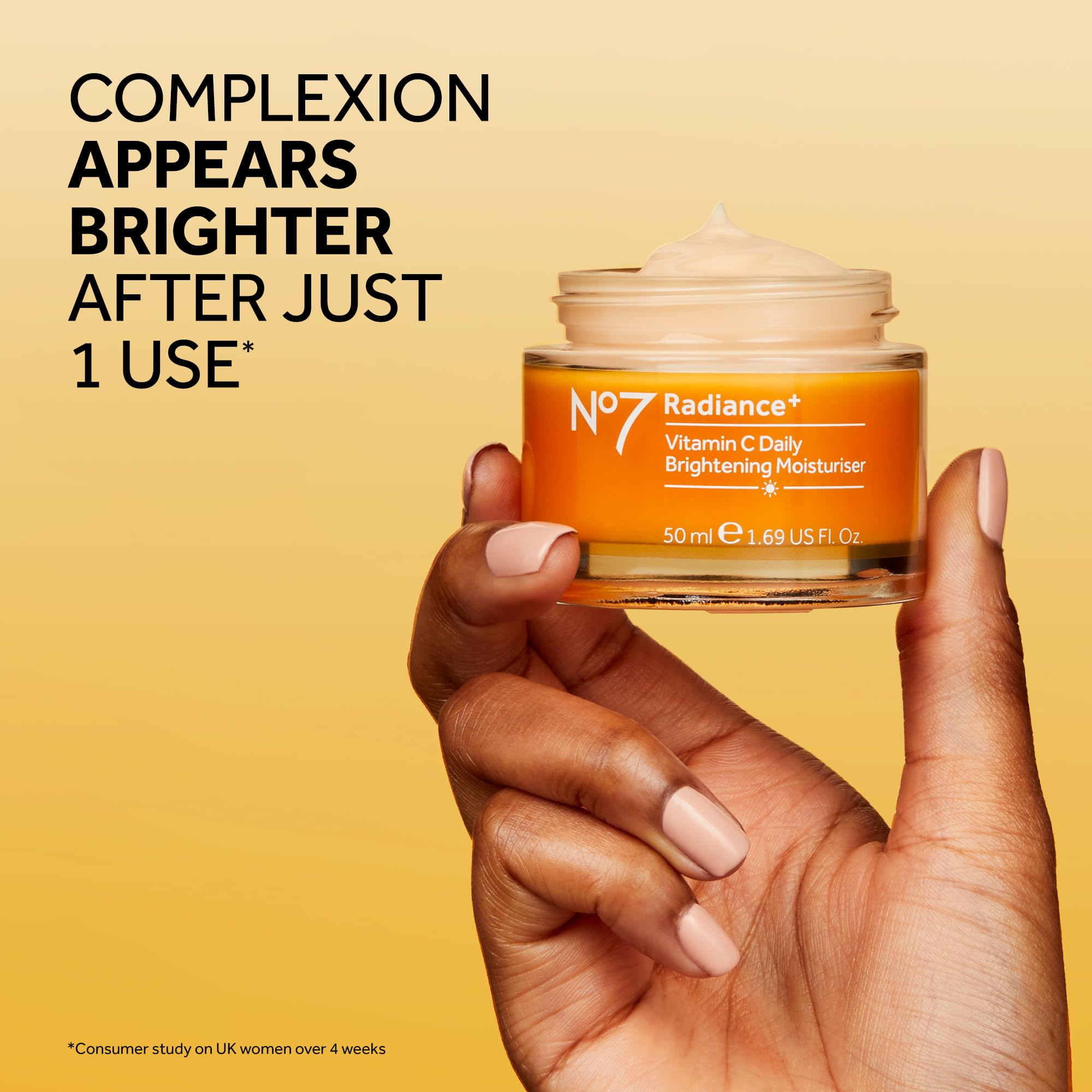 No7 Radiance glow application shot suggests radiant, refreshed skin.
