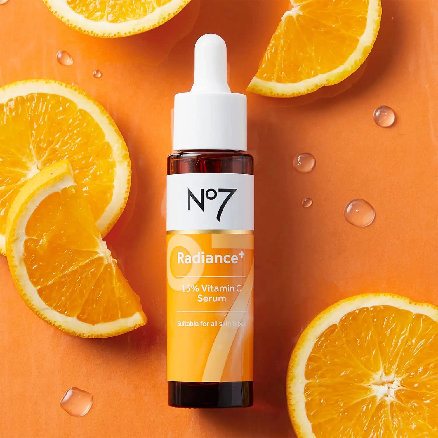 No7 Radiance+ serum applied to skin for dewy glow