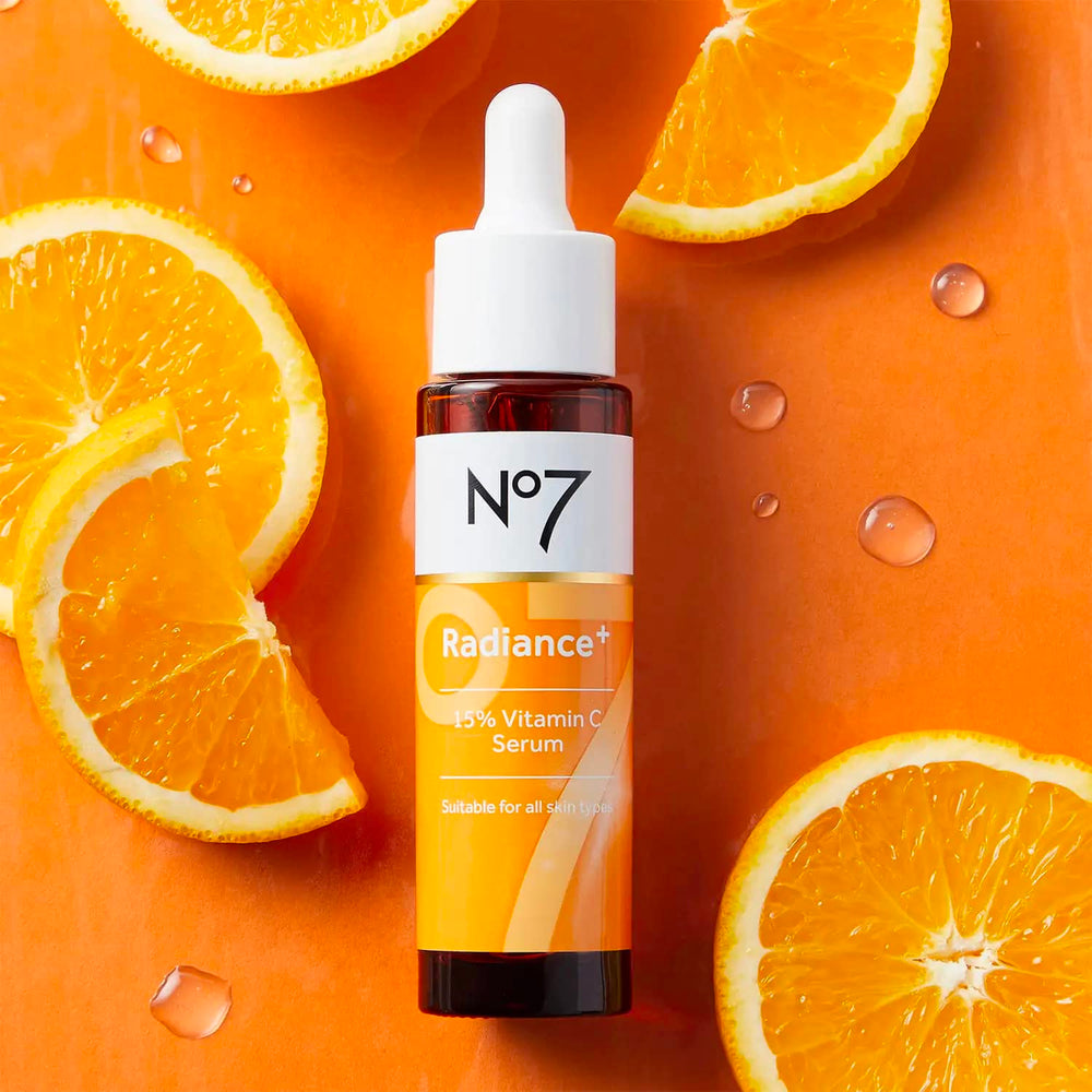 No7 Radiance+ serum applied to skin for dewy glow