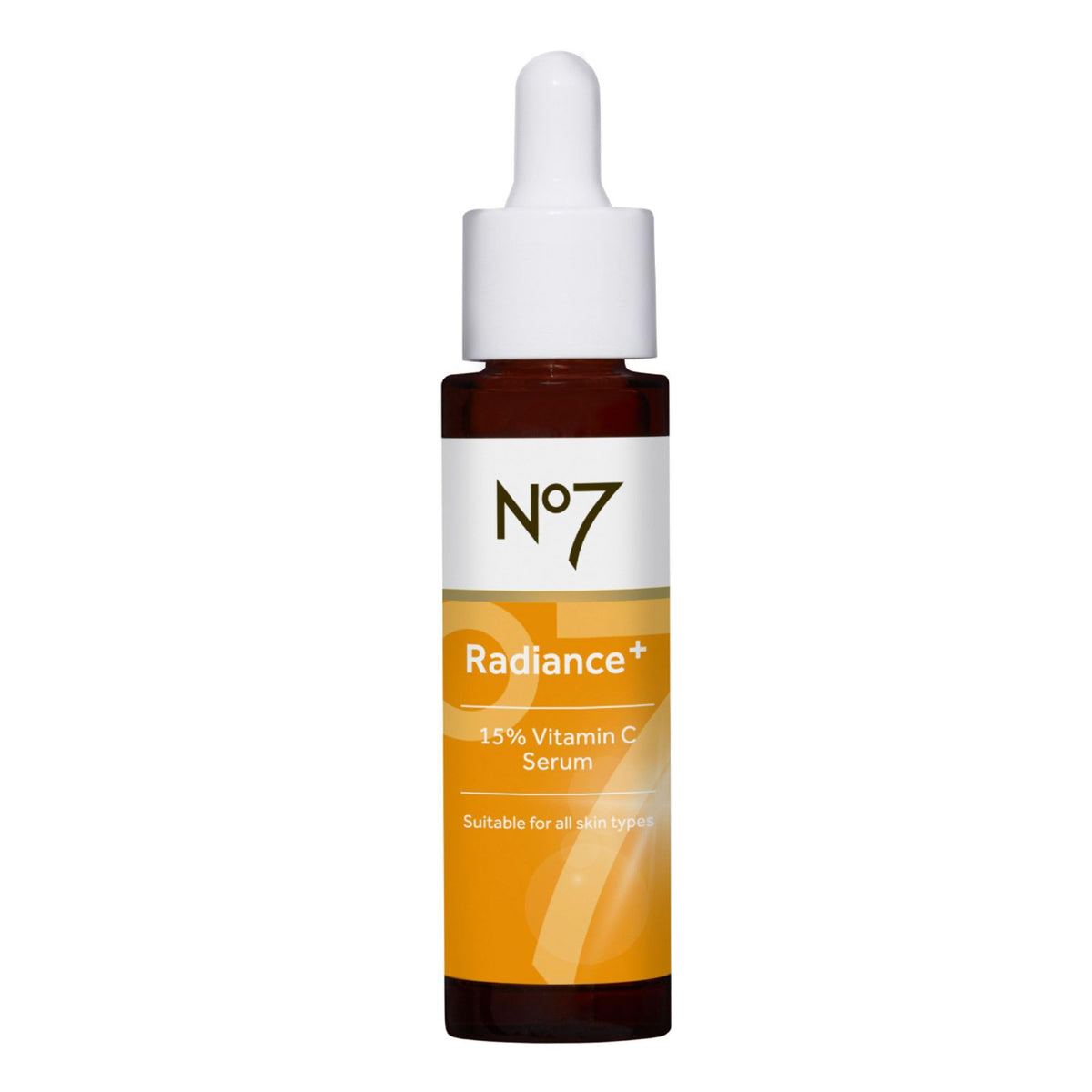 No7 Radiance+ serum bottle closeup highlighting brightening vitamin C benefits