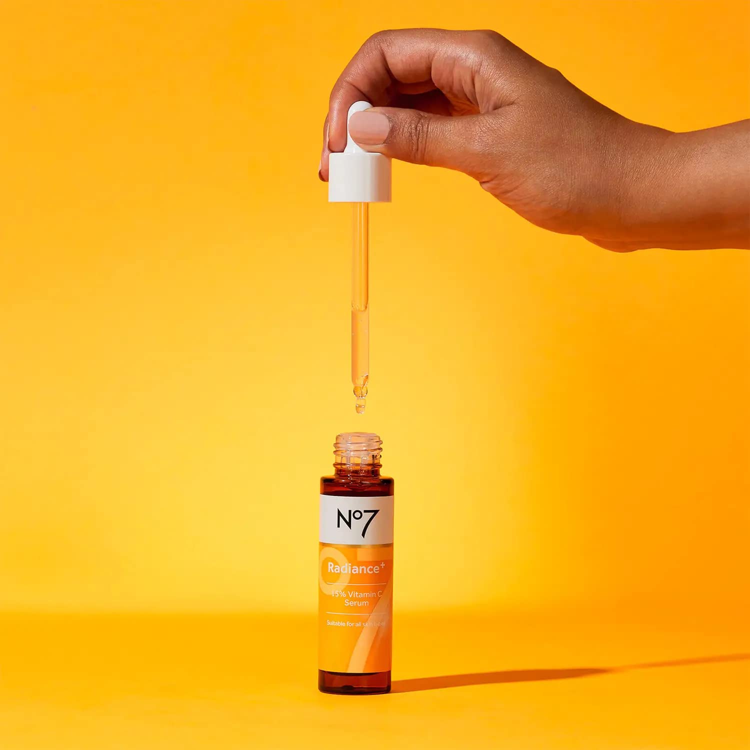 No7 Radiance+ serum packaging closeup conveys premium care