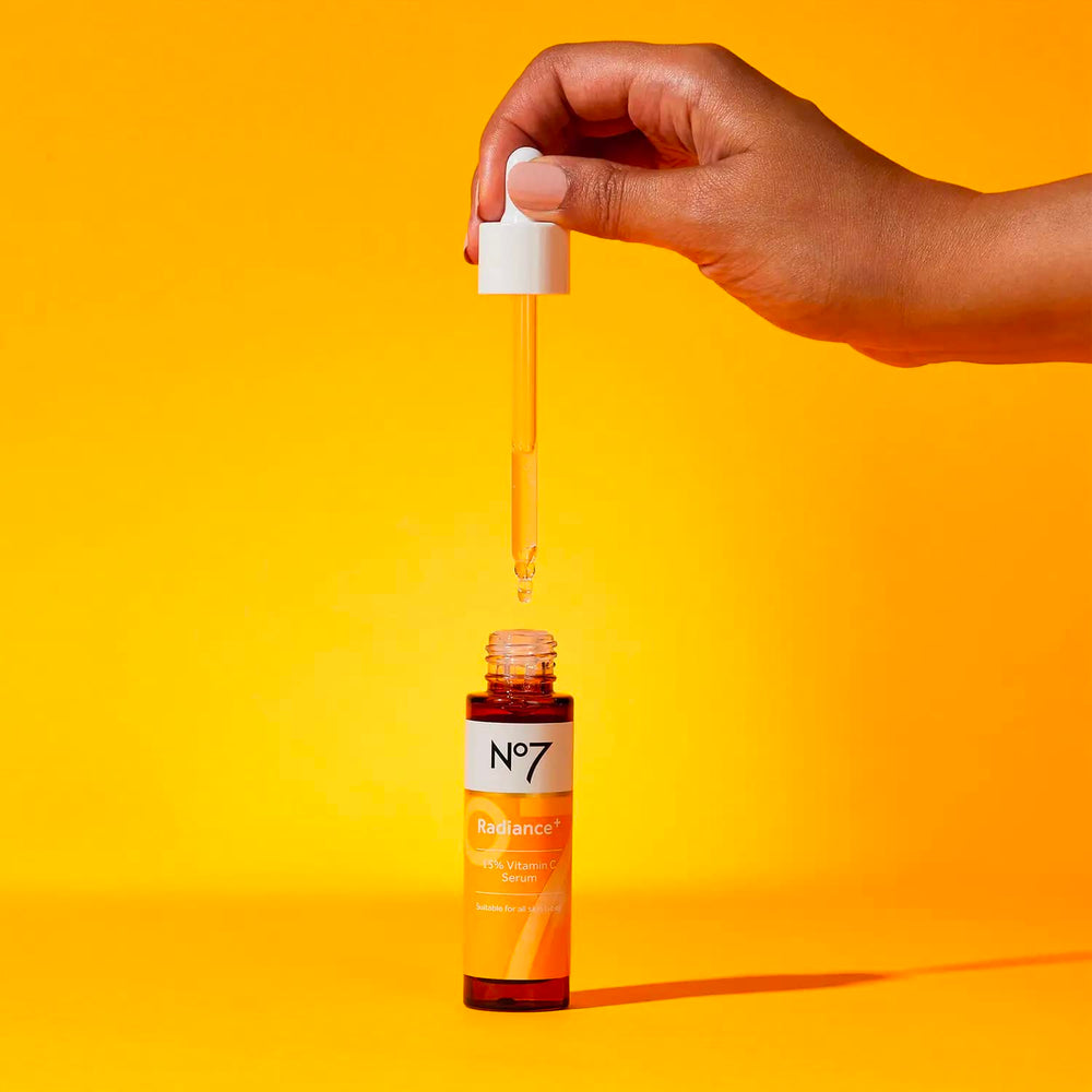 No7 Radiance+ serum packaging closeup conveys premium care