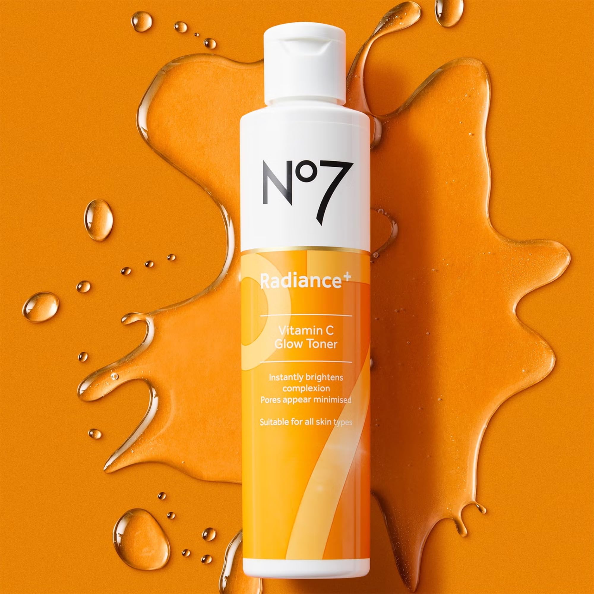 Close-up of ingredients for No7 Radiance+ Toner, including vitamin C and willow bark.