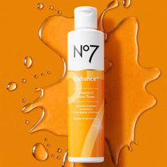 Close-up of ingredients for No7 Radiance+ Toner, including vitamin C and willow bark.