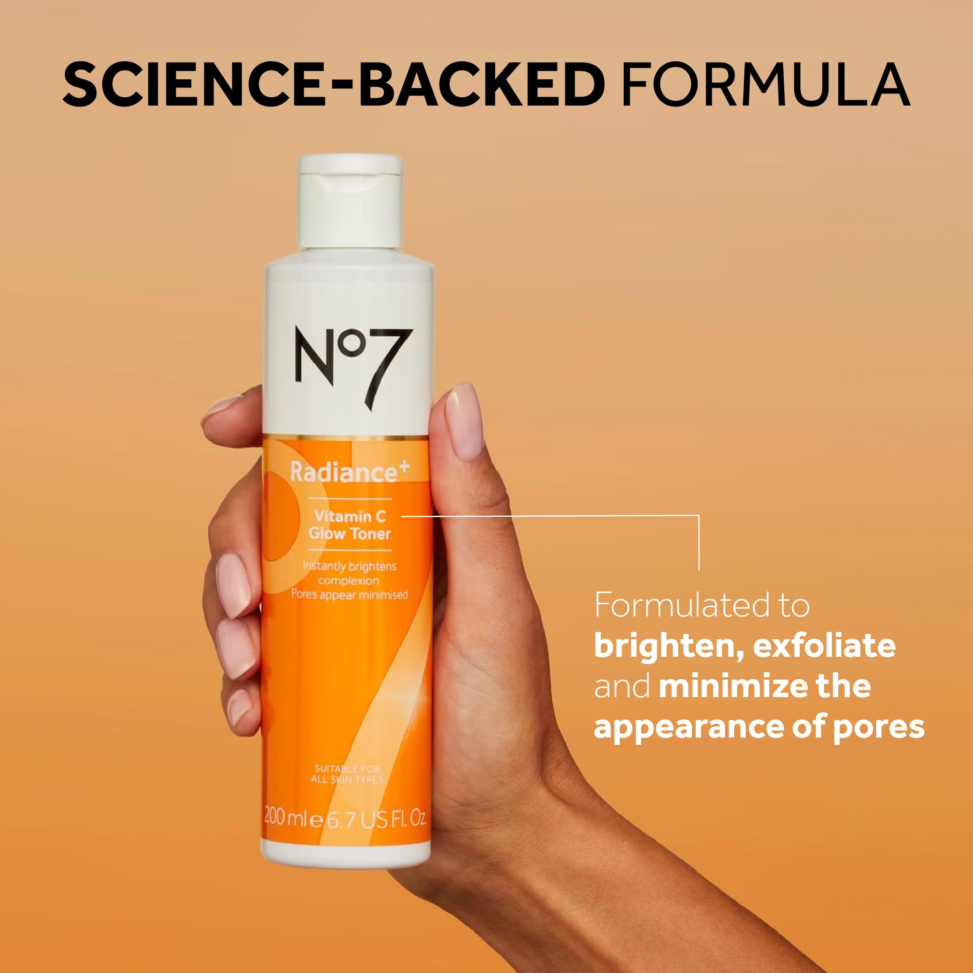 No7 Radiance+ Toner being poured highlights exfoliation and refreshing routine.