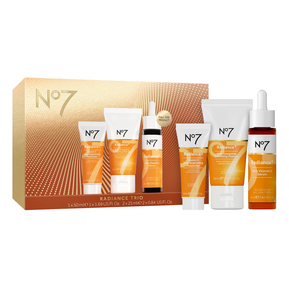 No7 Radiance Trio gift set packaging highlights a premium kit for brightening routines.