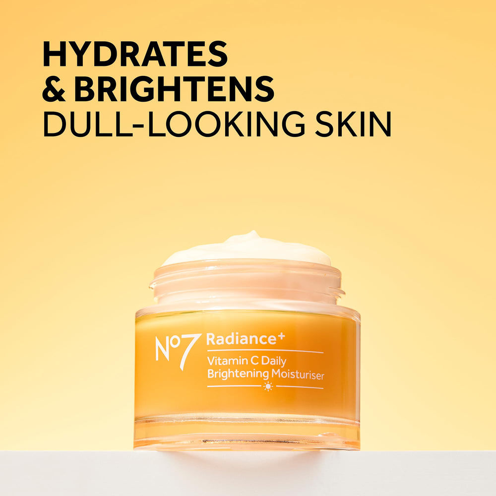 No7 Radiance vitamin C cream swirl on skin illustrating instant glow and absorption.