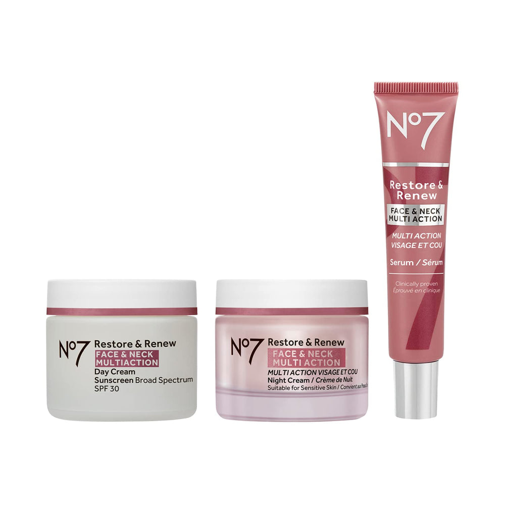 No7 Restore & Renew day cream SPF 30 application shows texture for daily hydration and protection