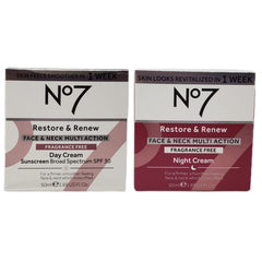 No7 front packaging showing both day and night jars; clarity and compact set