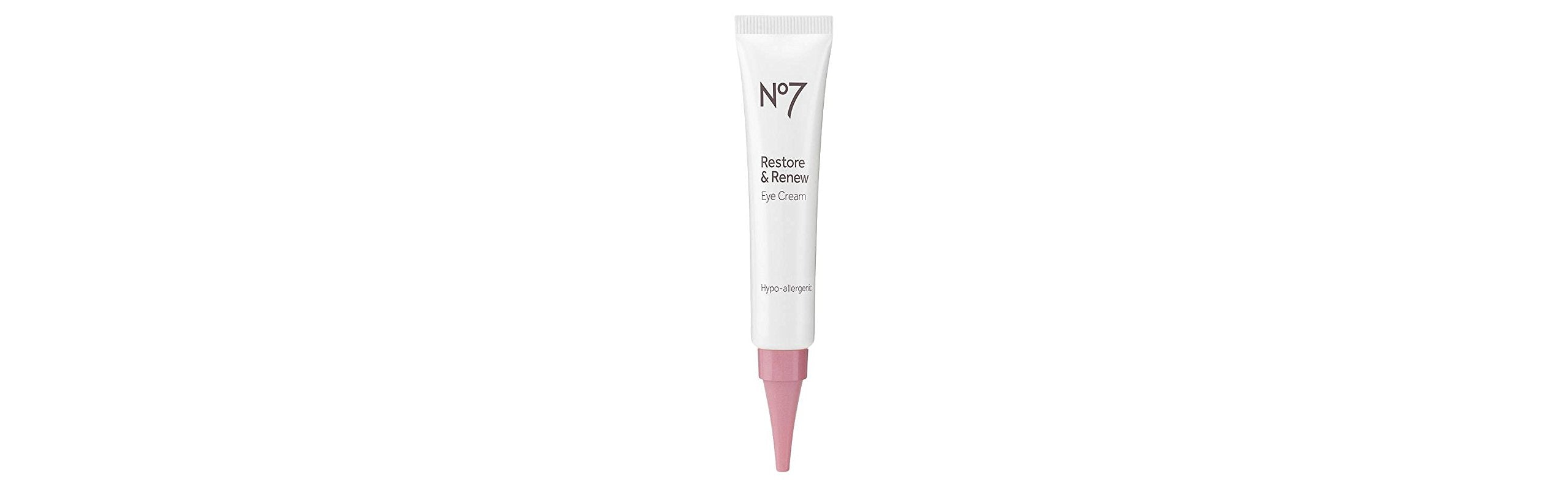 No7 Restore & Renew Eye Cream front jar showing packaging and hydrating sheen benefit