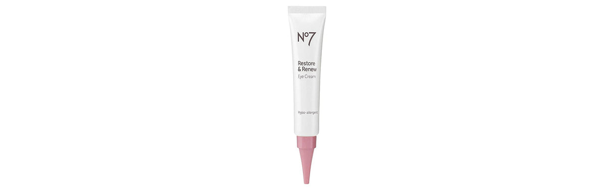 No7 Restore & Renew Eye Cream front jar showing packaging and hydrating sheen benefit