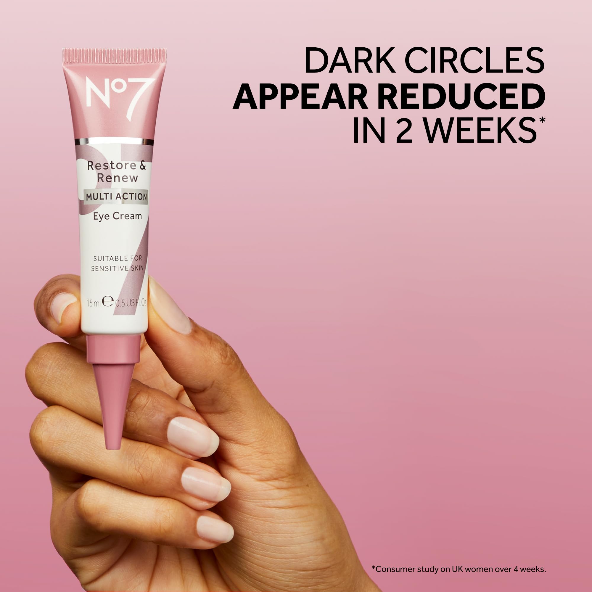 No7 Restore & Renew eye cream under-eye application showing smoothing tap technique.