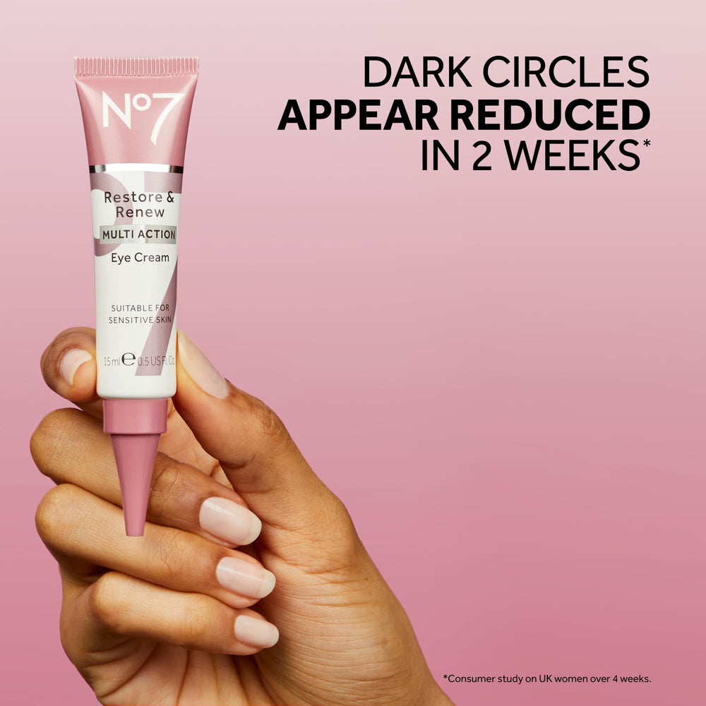 No7 Restore & Renew eye cream under-eye application showing smoothing tap technique.