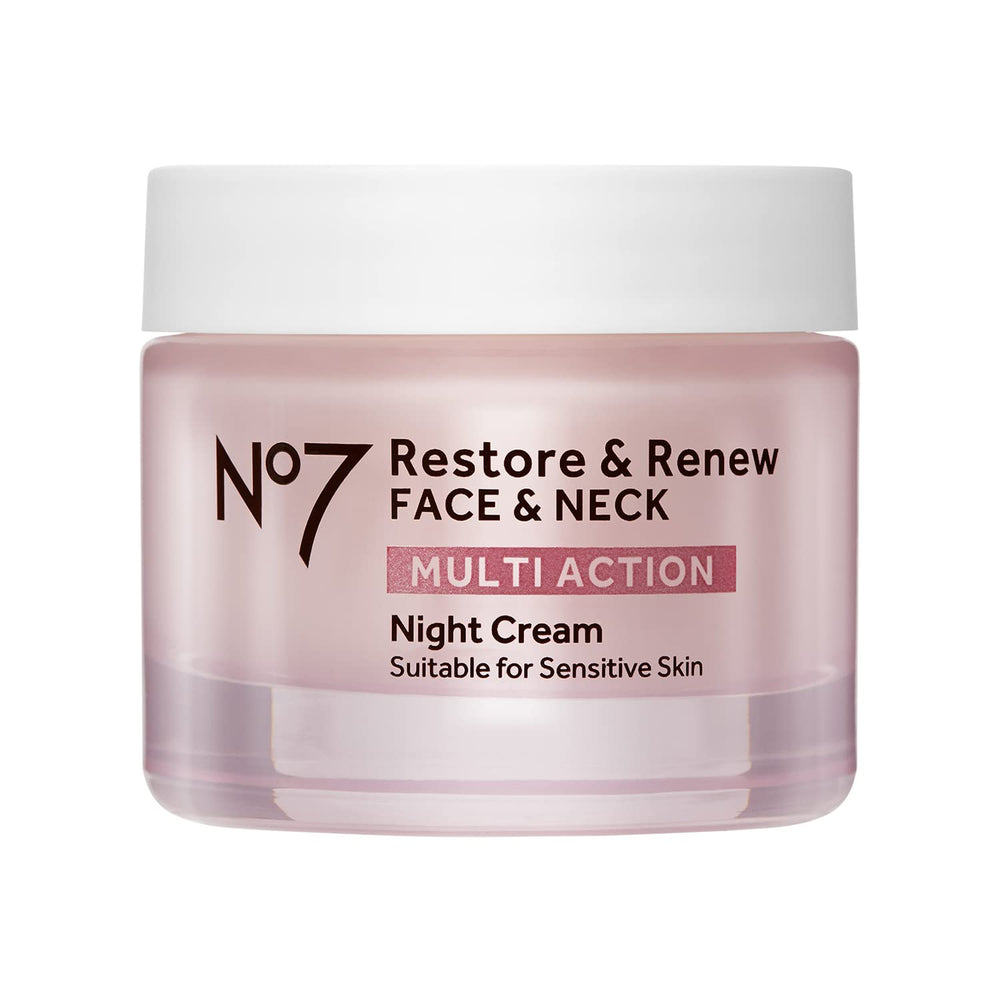 No7 Restore & Renew night cream jar closeup showing rich texture for overnight hydration.