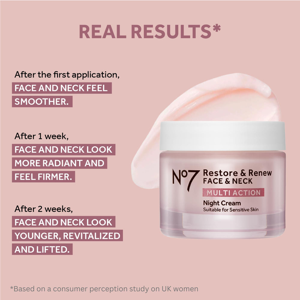 No7 Restore & Renew night cream swatch displays creamy texture for overnight care