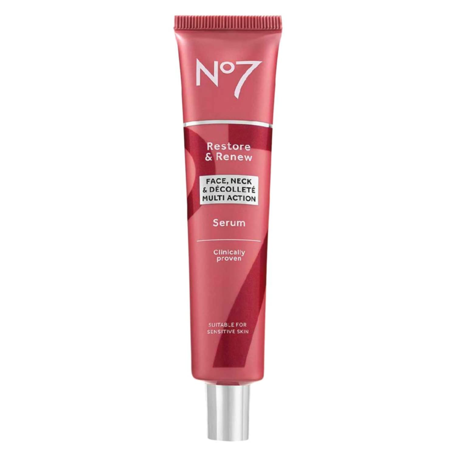 No7 Restore & Renew serum bottle closeup showing collagen-infused formula for firmer, smoother skin.