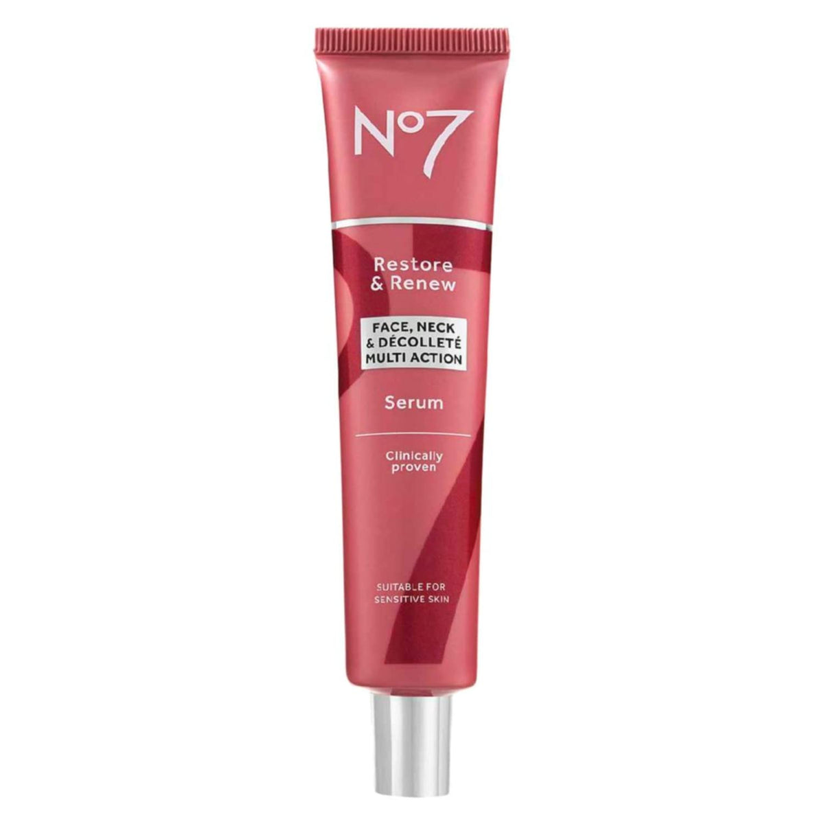 No7 Restore & Renew serum bottle closeup showing collagen-infused formula for firmer, smoother skin.