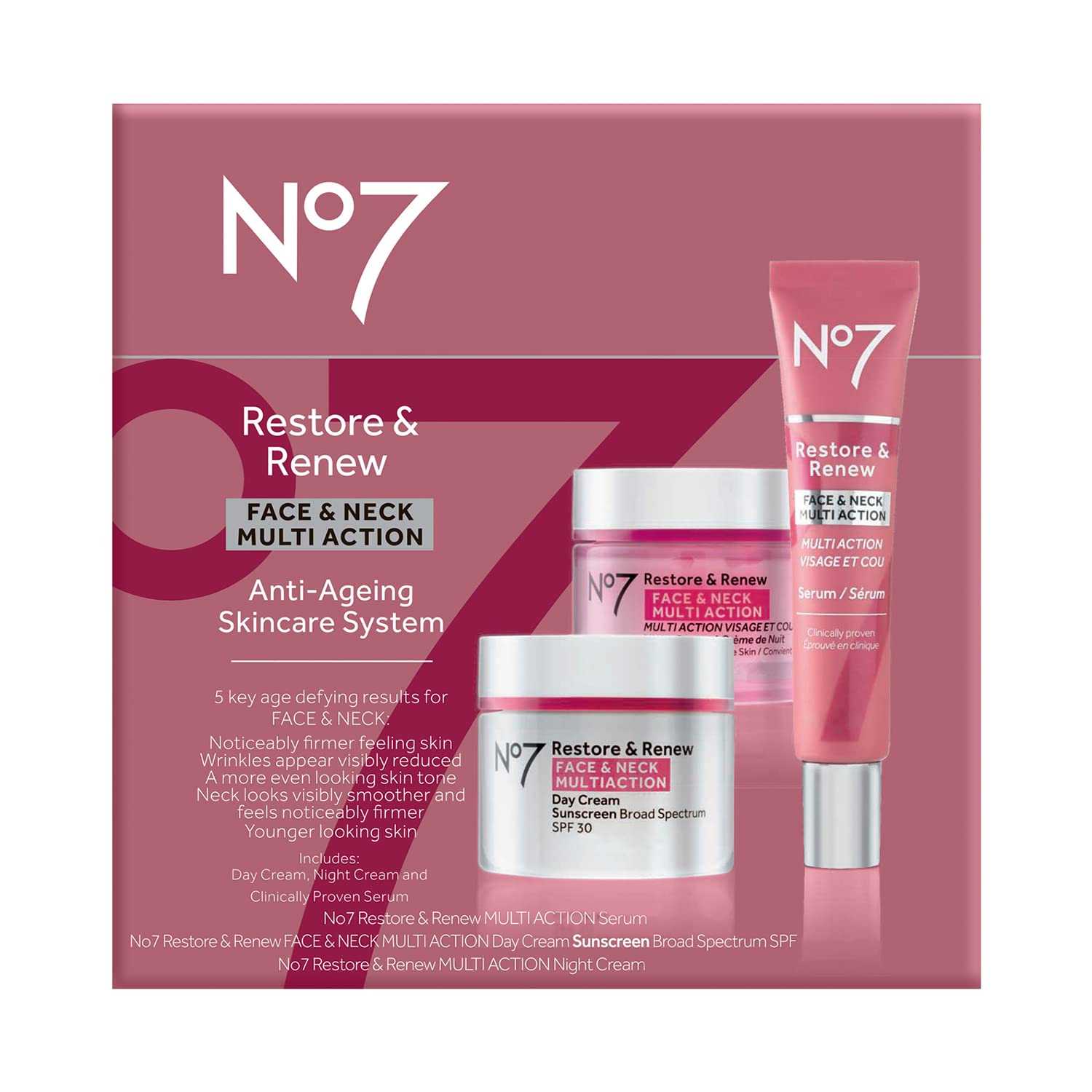 No7 Restore & Renew facial serum neck bottle close-up highlighting dual action