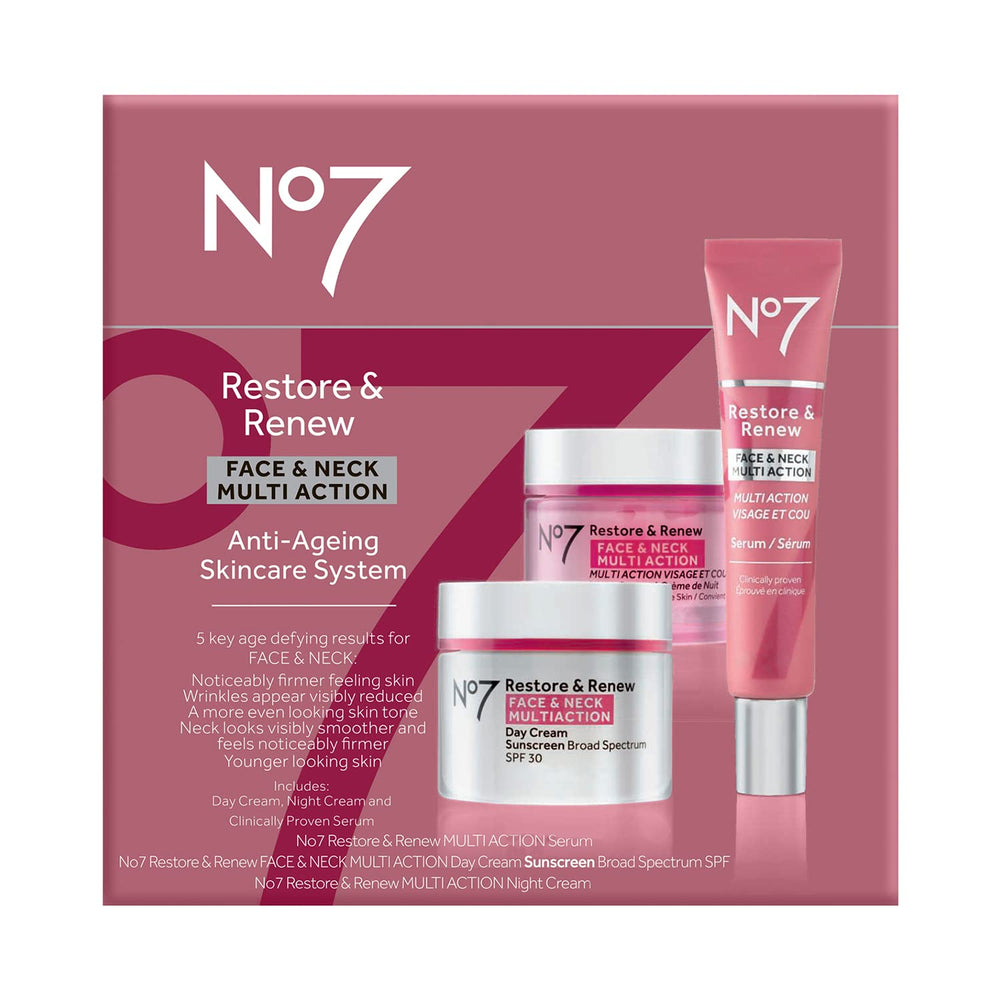 No7 Restore & Renew facial serum neck bottle close-up highlighting dual action