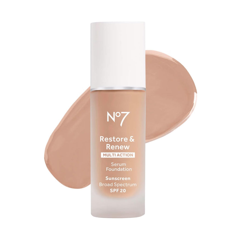 No7 Restore & Renew serum foundation bottle showing lightweight coverage and brightening serum technology