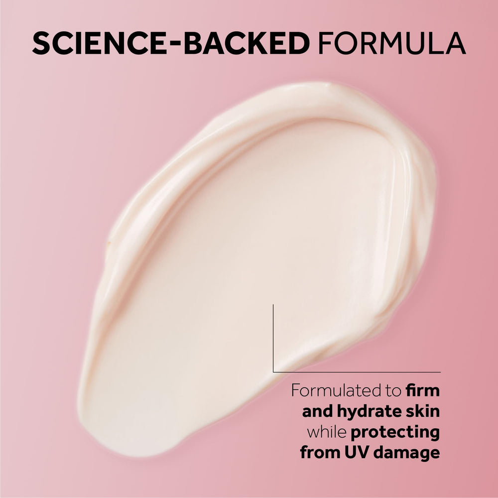No7 Restore & Renew cream on face and neck during morning routine for firmer-feeling skin.