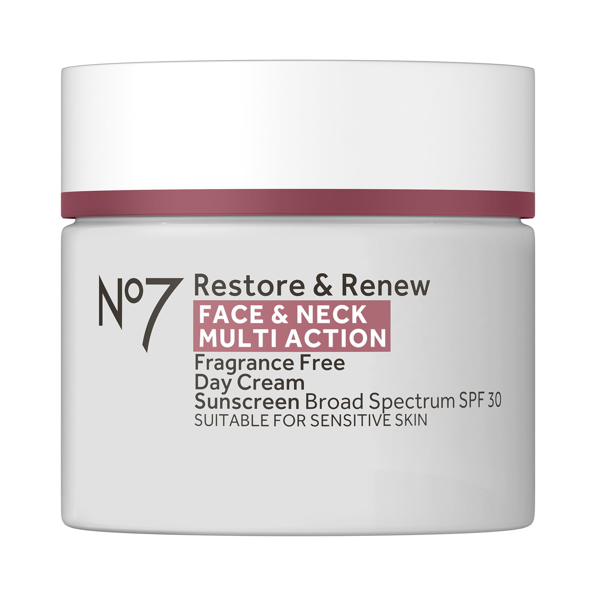 No7 Restore & Renew SPF30 Day Cream tube closeup showing smooth texture for daily use.
